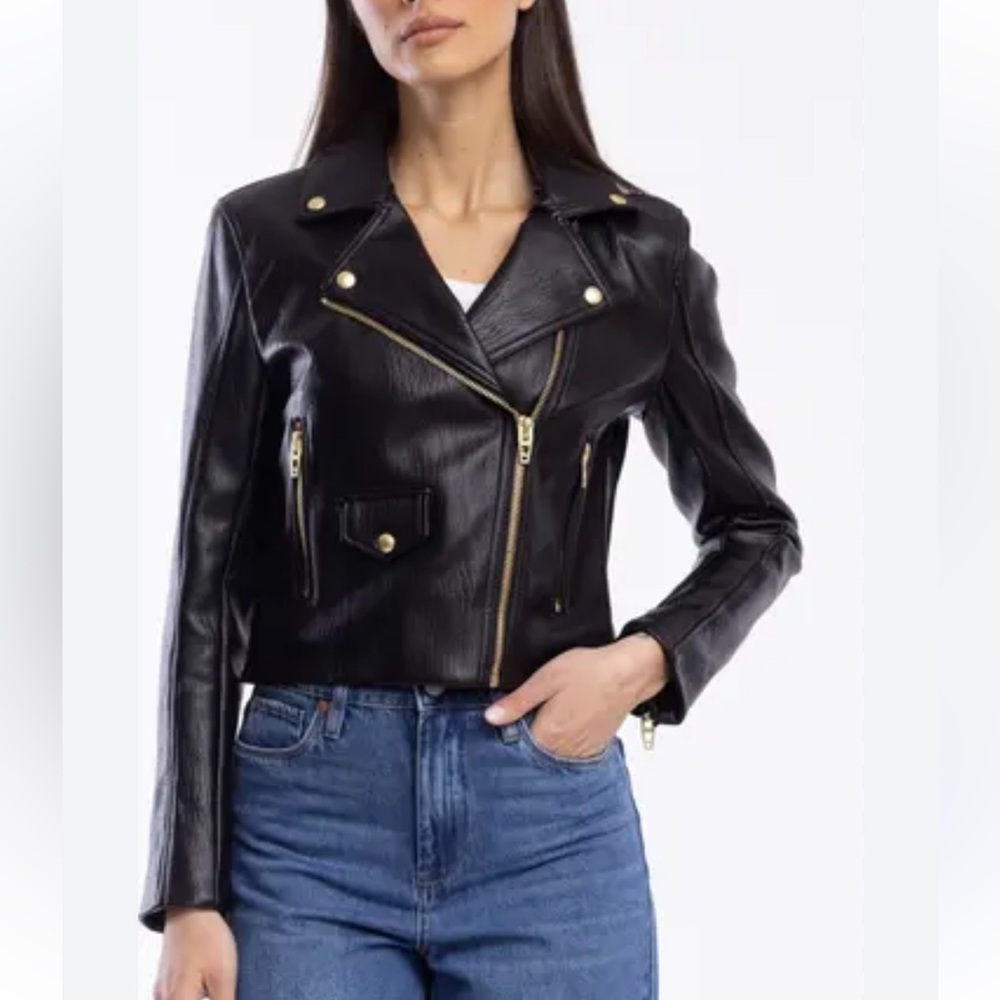 NWOT Blank NYC Black faux Leather Moto Jacket with Gold Accents size small